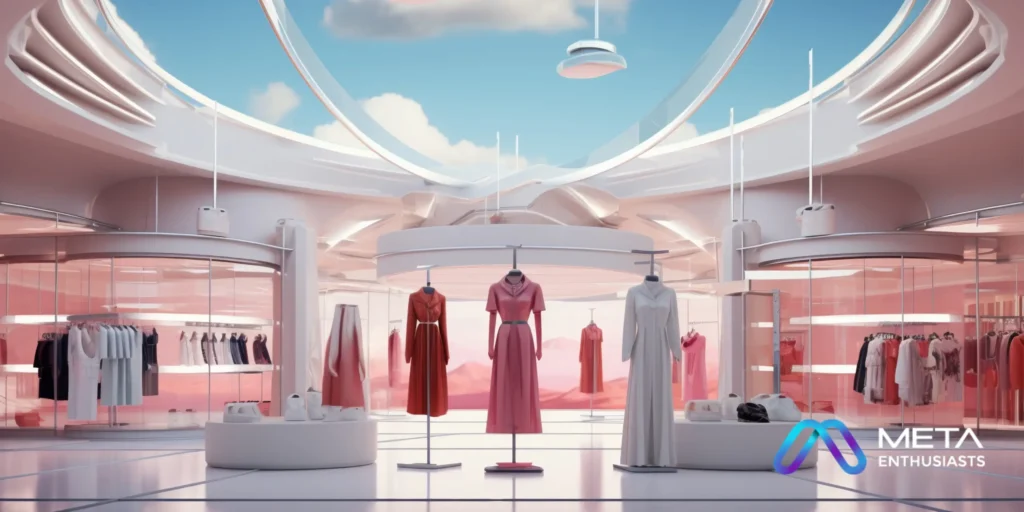 A modern showroom with futuristic design features elegant dresses on mannequins and clothing racks. The space, reminiscent of a metaverse setting, has a high, dome-like ceiling and large windows showcasing a bright, clear sky.