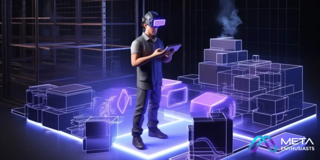 A person wearing a VR headset stands in a virtual warehouse environment, holding a tablet. Boxes and storage units are visible around, with glowing digital outlines. The image is labeled "Meta Enthusiasts," highlighting the potential of virtual real estate in immersive spaces.