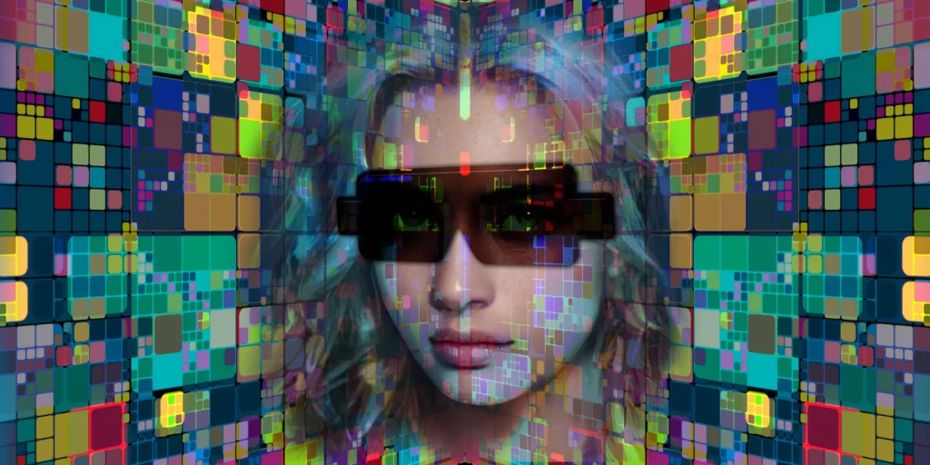A person wearing sunglasses is depicted in a digital art style with colorful square patterns surrounding them, evoking the vibrant aesthetics of the metaverse.