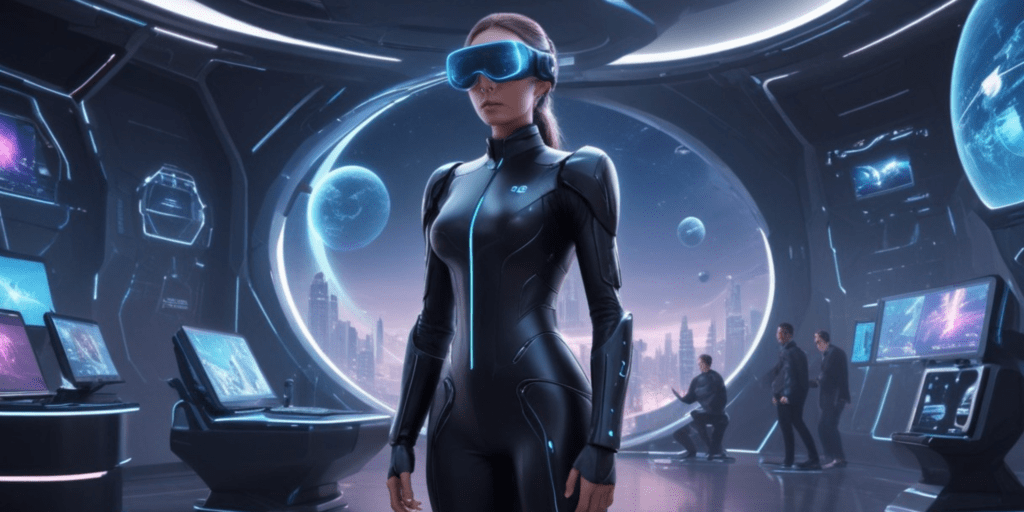A woman in a futuristic suit and VR headset stands in a high-tech room with curved monitors and holographic displays, navigating various metaverse platforms, surrounded by other individuals working at computer stations.