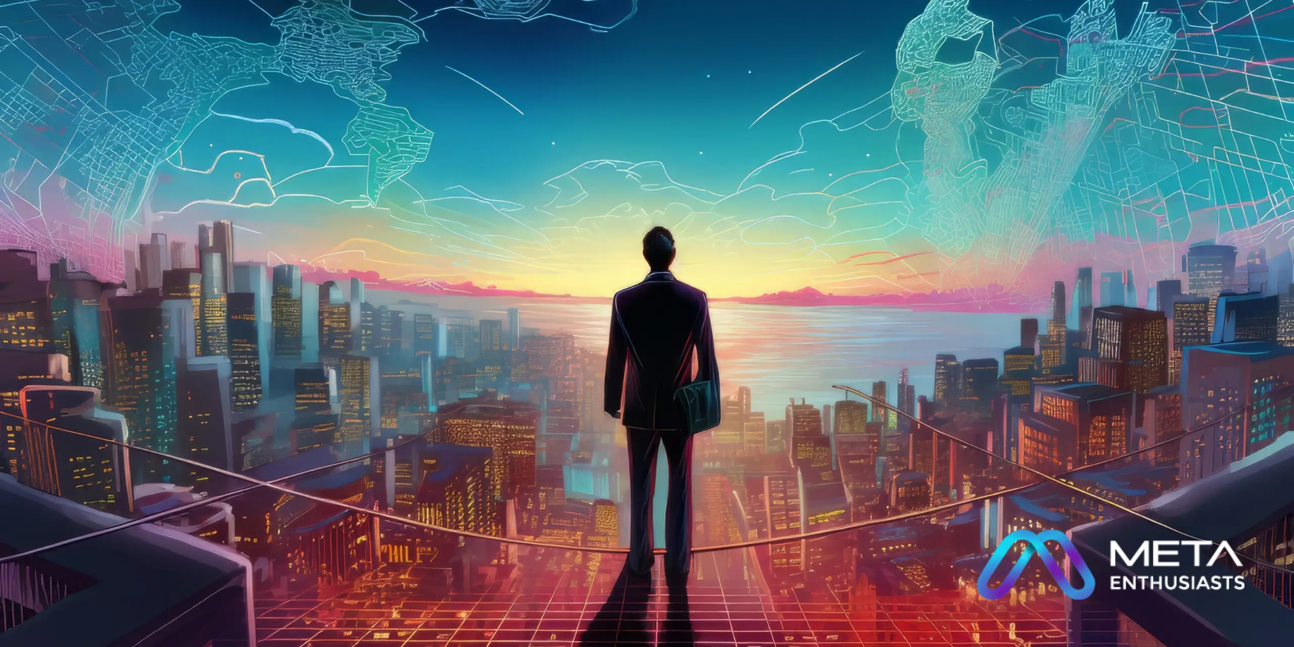 A person in a suit stands on a high platform overlooking a futuristic cityscape at sunset, with digital world maps displayed in the sky, symbolizing the vast potential of metaverse platforms. The Meta Enthusiasts logo is in the bottom right corner.