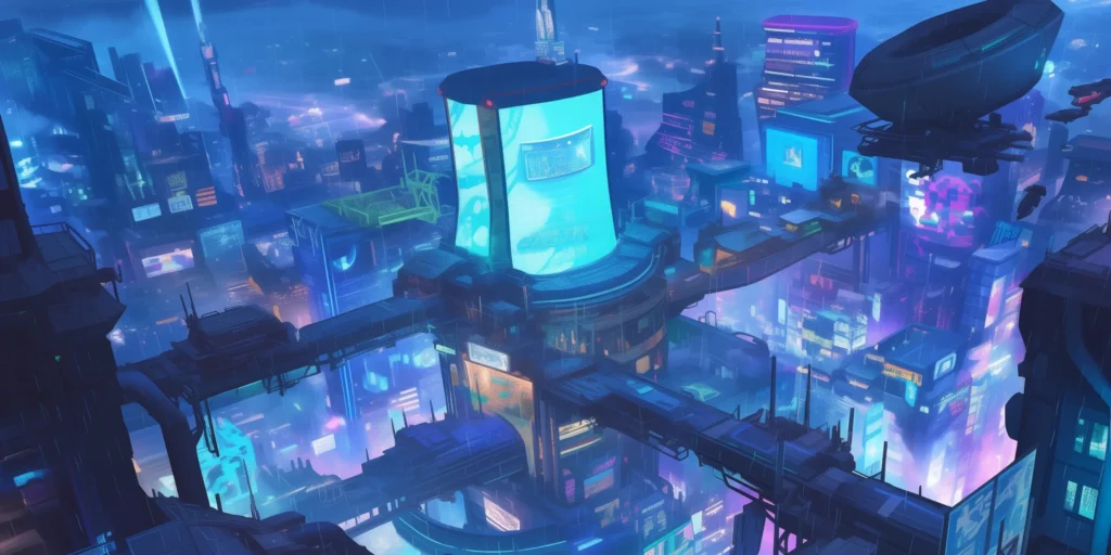 A futuristic cityscape at night features brightly lit skyscrapers, neon signs, elevated walkways, and a large central cylindrical building. An airship hovers above the city, showcasing the allure of virtual real estate in this digital realm.