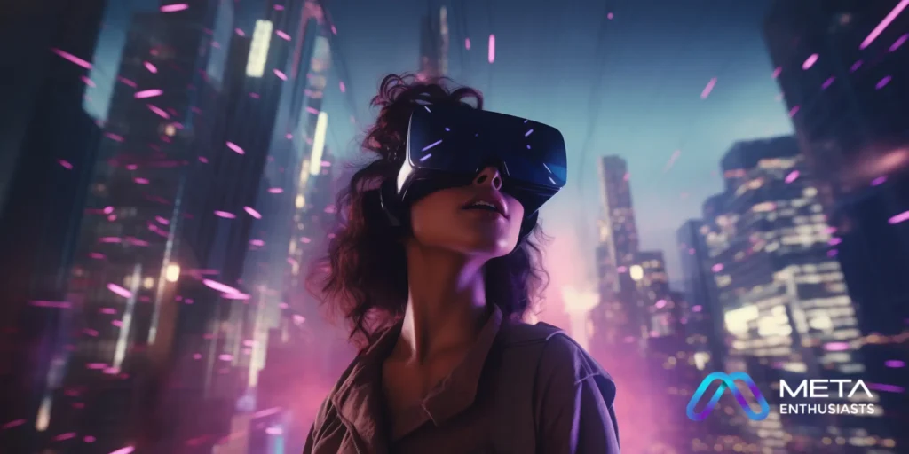 A person wearing a VR headset, immersed in the vibrant neon lights and futuristic skyscrapers of the metaverse. The logo "Meta Enthusiasts" is subtly visible in the bottom-right corner.