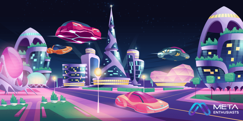 A futuristic cityscape at night with flying and hovering cars, modern buildings with neon lights, and a stylized logo in the bottom right corner that reads "Meta Enthusiasts.