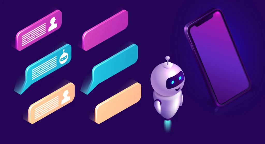 Illustration of a chatbot and a smartphone, surrounded by colorful chat bubbles with human and robot icons, indicating interaction between humans and AI, demonstrating 10 uses of artificial intelligence in daily life.