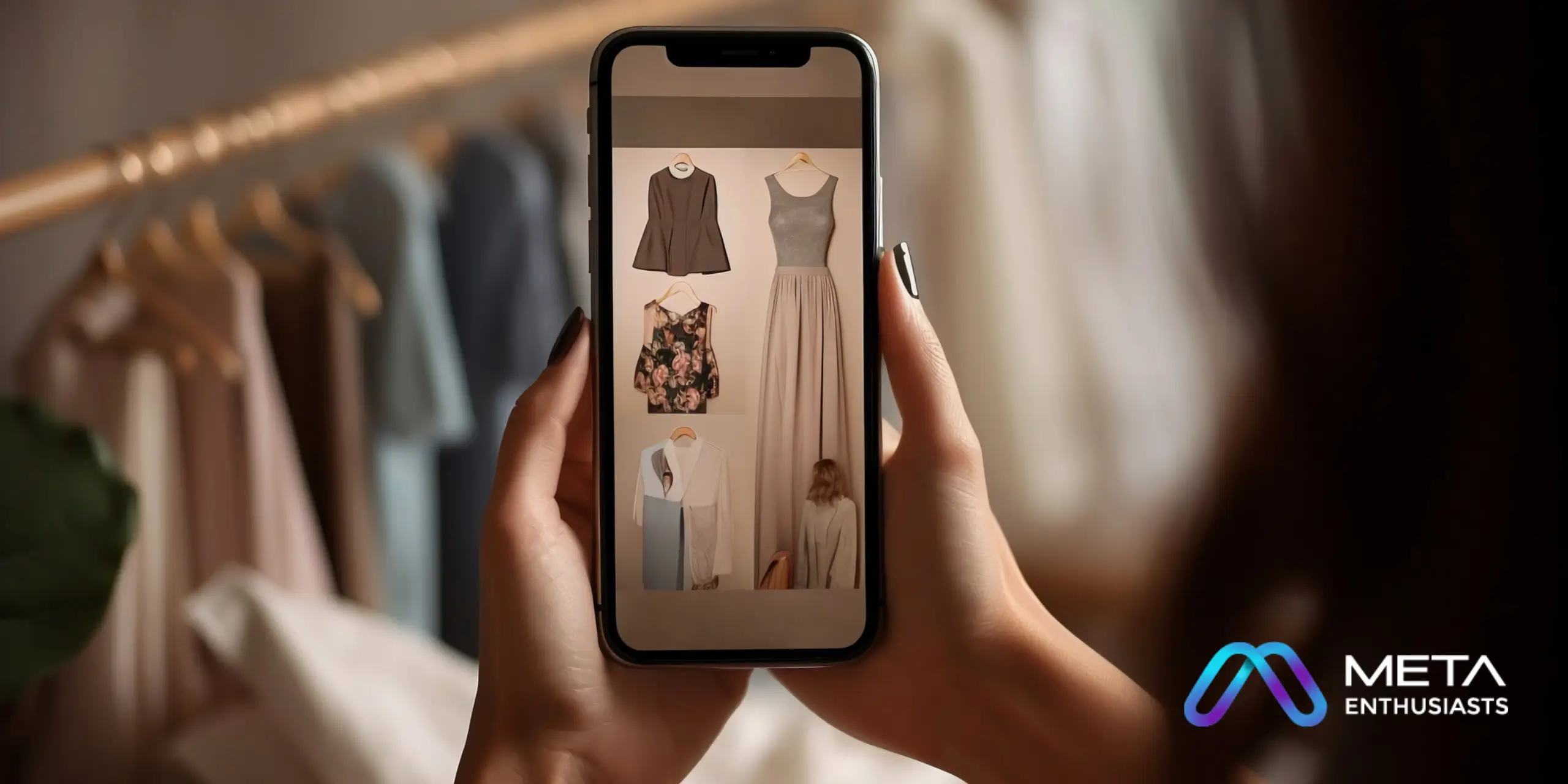 Close-up of a person holding a smartphone displaying various clothing items through Augmented Reality in Fashion. In the background, there is a blurred view of a closet with hanging clothes. The Meta Enthusiasts logo is seen in the corner.