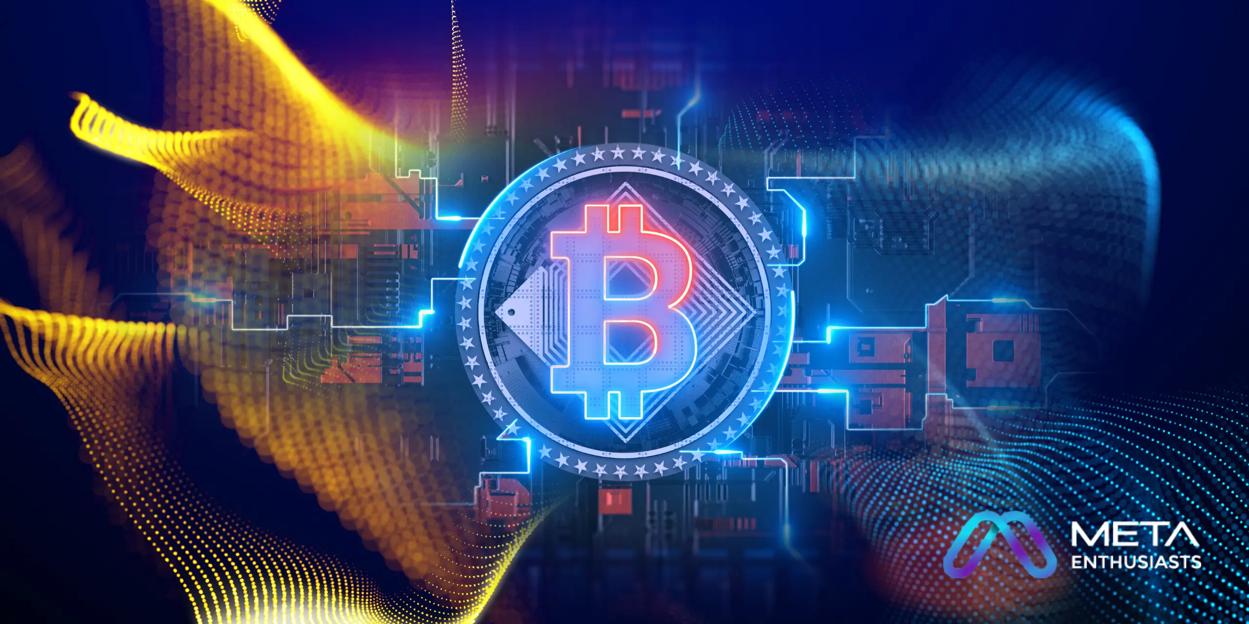 A glowing Bitcoin symbol is centered on a digital, futuristic background with circuitry and abstract light patterns. The words "Meta Enthusiasts" are in the bottom right corner.