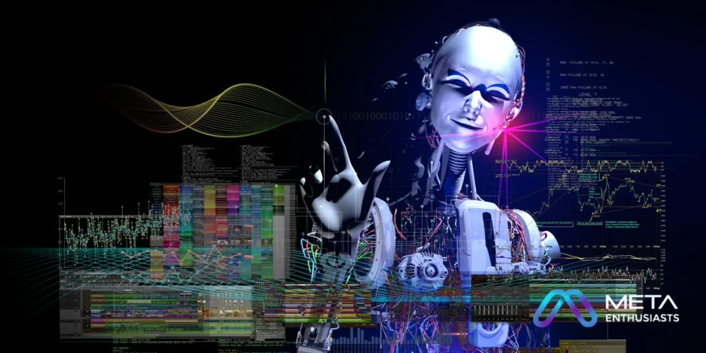 A futuristic humanoid robot interacts with holographic data displays, featuring various graphs and codes. Immersed in the metaverse, the "Meta Enthusiasts" logo is visible in the bottom right corner.