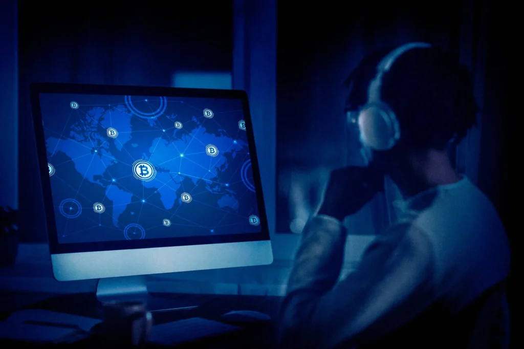 A person wearing headphones looks at a computer screen displaying a blue world map with connected Bitcoin symbols, exploring the landscape of top metaverse coins.