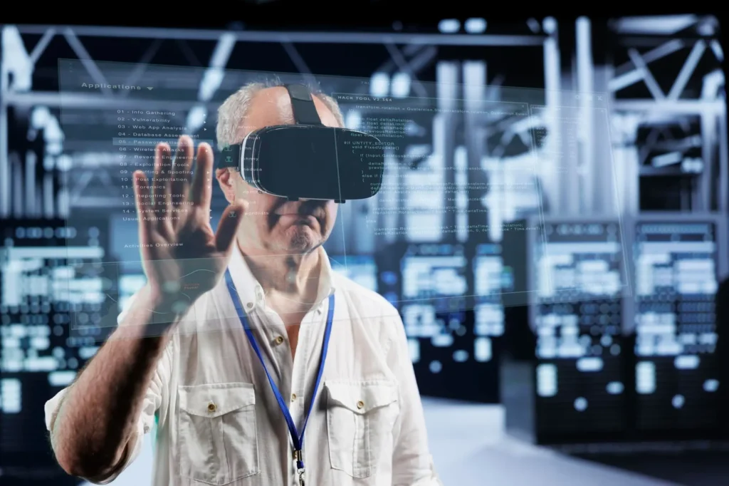 A person wearing a virtual reality headset interacts with a transparent digital interface in a high-tech, server-filled environment, seamlessly blending the realms of reality and virtual existence.