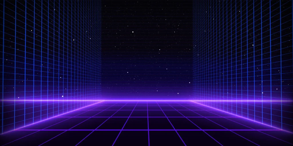 A digital grid landscape with a glowing purple horizon evokes the 7 Layers of the Metaverse, creating a retro-futuristic 1980s vibe set against a backdrop of a starry night sky.