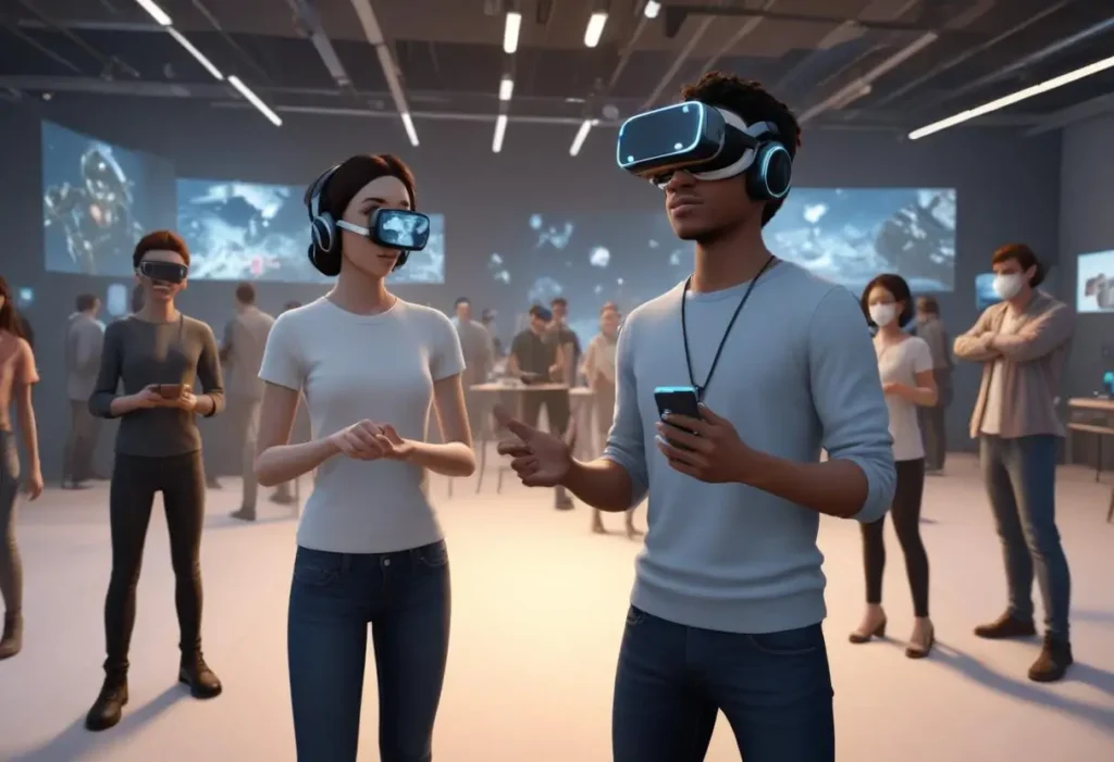 People wearing virtual reality headsets in a large indoor space, engaging with digital environments in the metaverse. Others in the background are either observing or interacting with mobile devices.