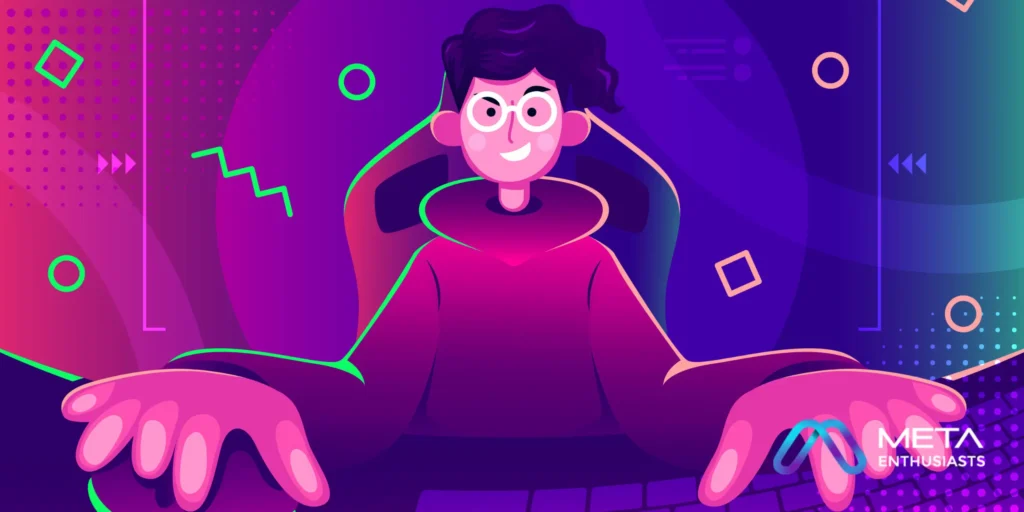 Illustration of a person with glasses and dark hair sitting behind a desk with outstretched arms, surrounded by abstract shapes and digital interface elements. Text in the corner reads "Meta Enthusiasts: Web3 Games".