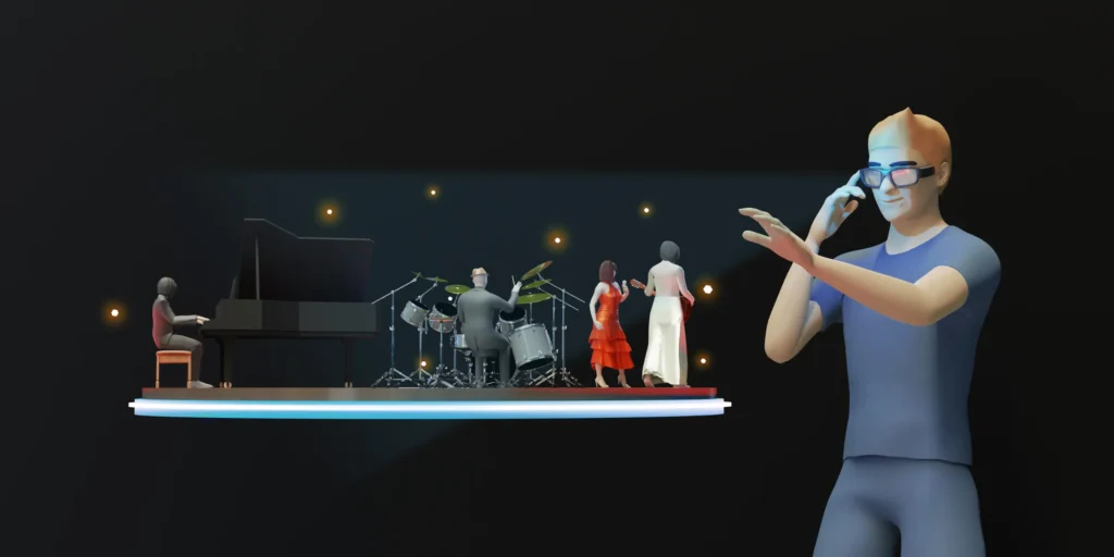 An animated scene of a band performing on stage in the Metaverse. The group includes a pianist, drummer, and two vocalists, with a separate singer holding a microphone in front. Small lights dot the dark background.