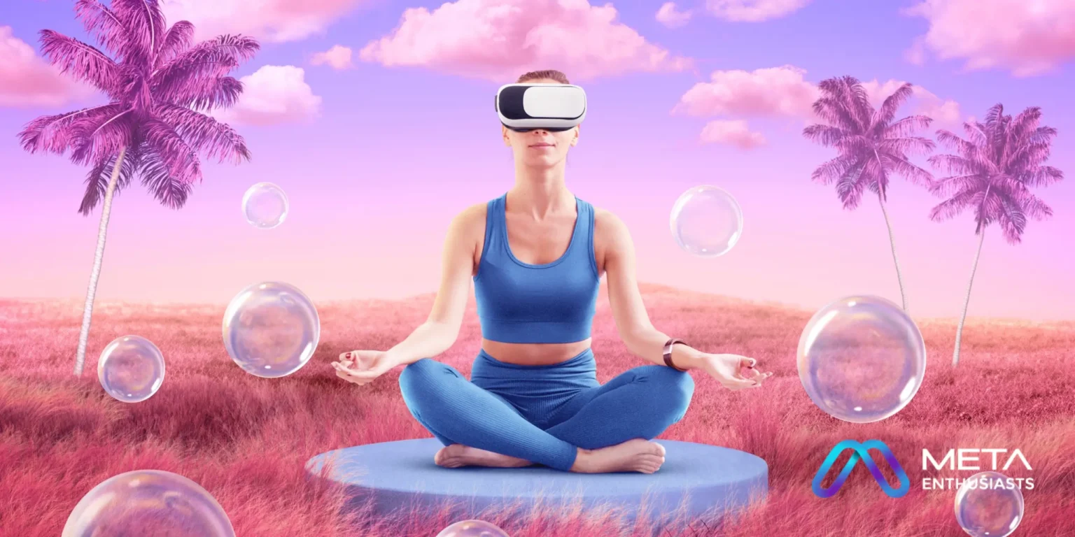 A woman sitting in a meditation pose and wearing VR Headset
