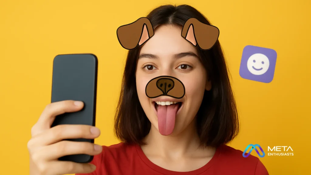 A young woman uses Snapchat AR filters on her phone, featuring the classic dog ears and tongue effect, symbolizing playful online self-expression.